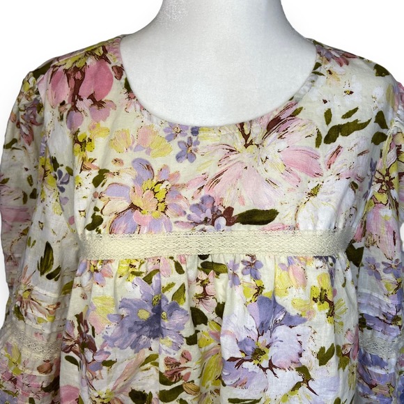 Sanctuary Linen Blend Top Ivory Eyelet Gathered Keyhole Back Floral 3/4 Sleeve - Picture 4 of 9